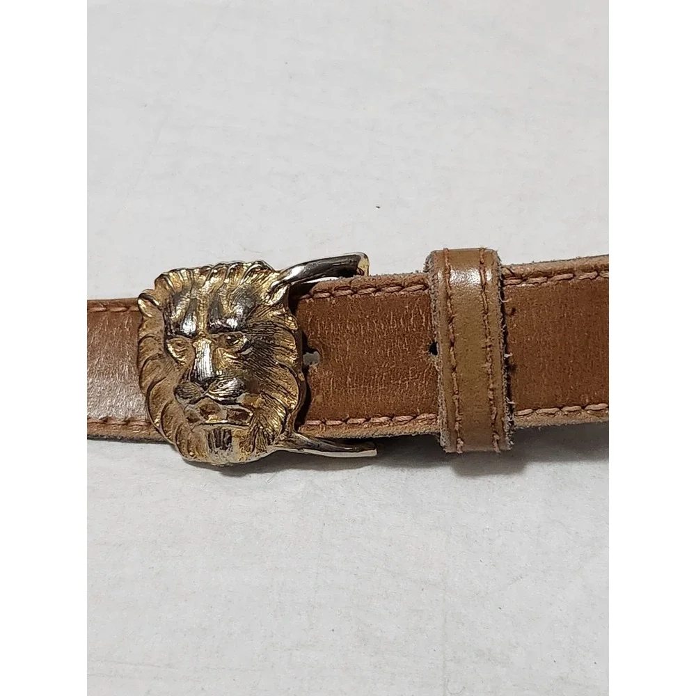 Vintage Anne Klein Calderon Leather Belt Gold Lion Head Buckle Medium Brown Tan